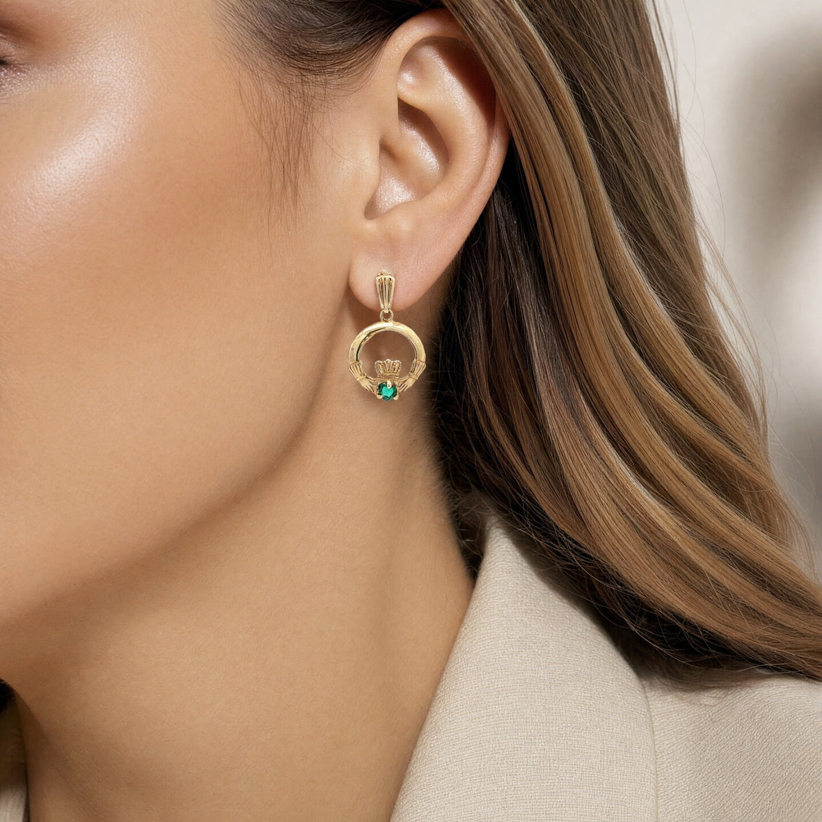 Emerald Claddagh Drop Earrings
