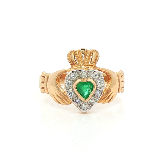 Heart Shaped Emerald Claddagh with Round Cut Natural Diamond Halo Ring