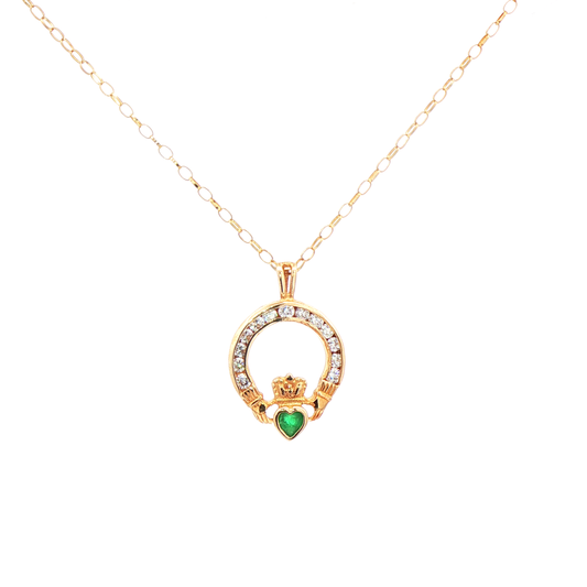 Emerald & Natural Diamond Cluster Claddagh Pendant
