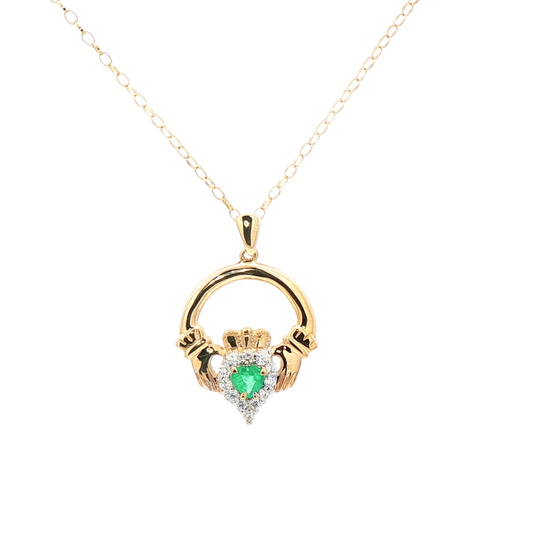 Emerald Heart Shape & Natural Diamond Halo Claddagh Pendant