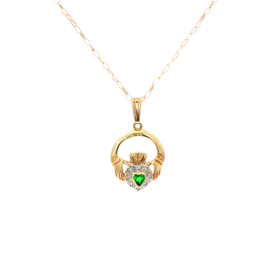 Emerald Heart with Natural Diamond Halo Claddagh Pendant