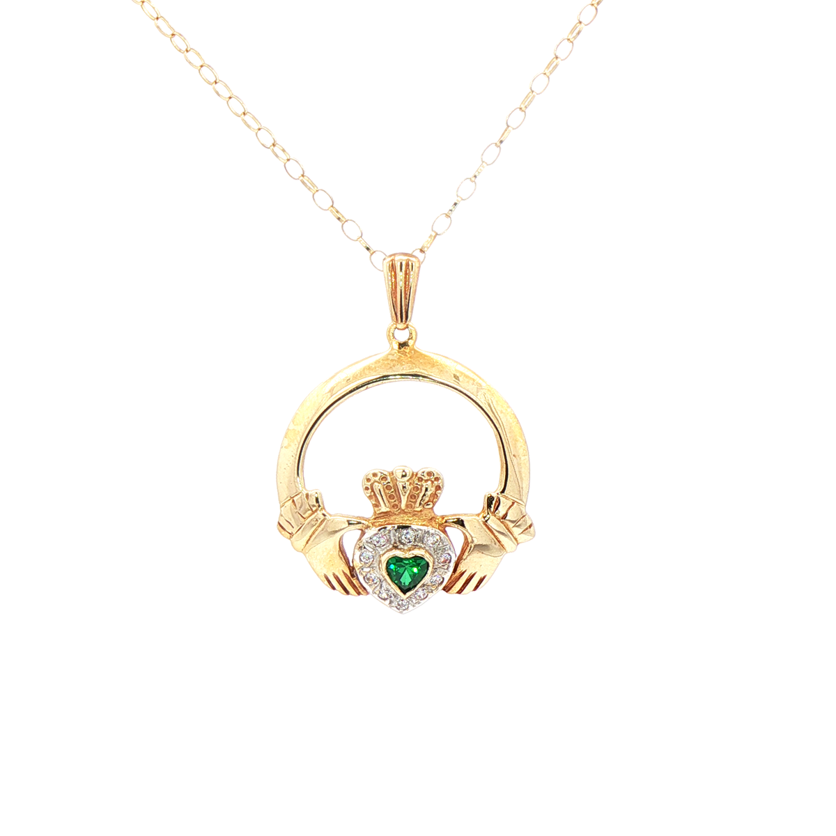 Claddagh Pendant with Emerald Shaped Heart & Natural Diamond Halo