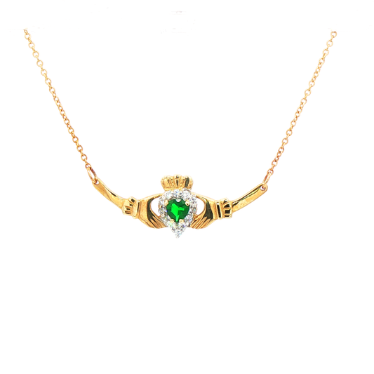 Claddagh Necklace with Heart-Shaped Emerald & Natural Diamonds