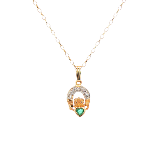 Claddagh Pendant with Natural Diamond Cluster & Heart-Shaped Emerald