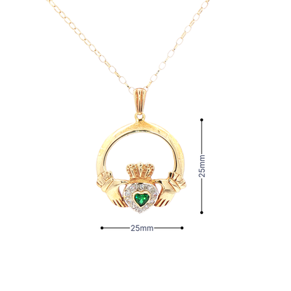 Claddagh Pendant with Emerald Shaped Heart & Natural Diamond Halo