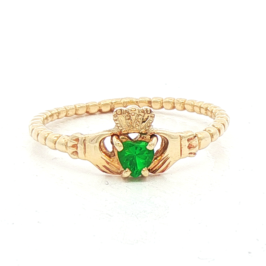 Beaded Claddagh Band Ring with Heart Shaped Emerald