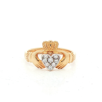 Claddagh Ring with Round Cut Natural Diamond Cluster Heart