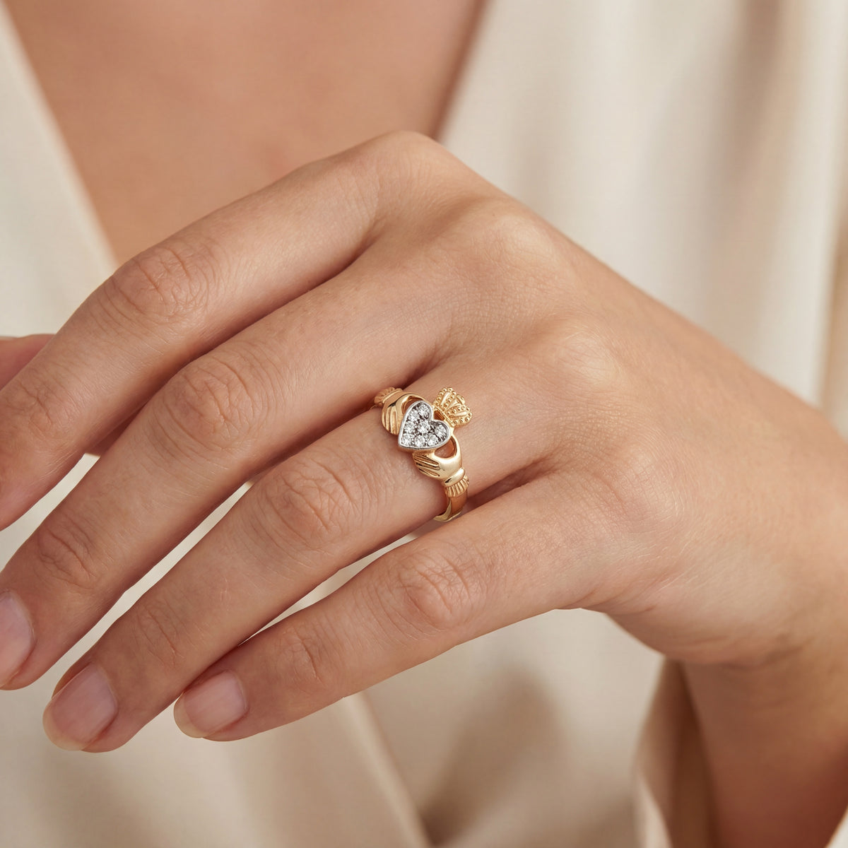 Claddagh Ring with Round Cut Natural Diamond Cluster Heart