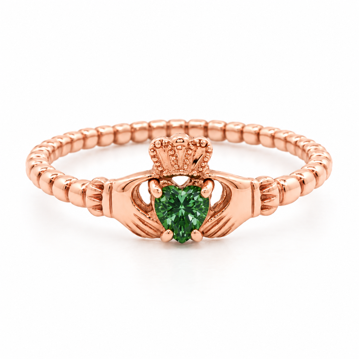 Green Diamond Beaded Band Claddagh Ring