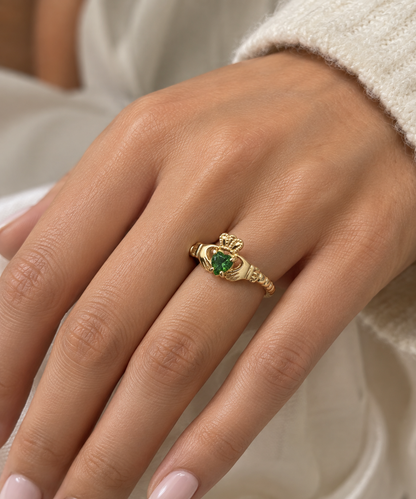 Green Diamond Beaded Band Claddagh Ring