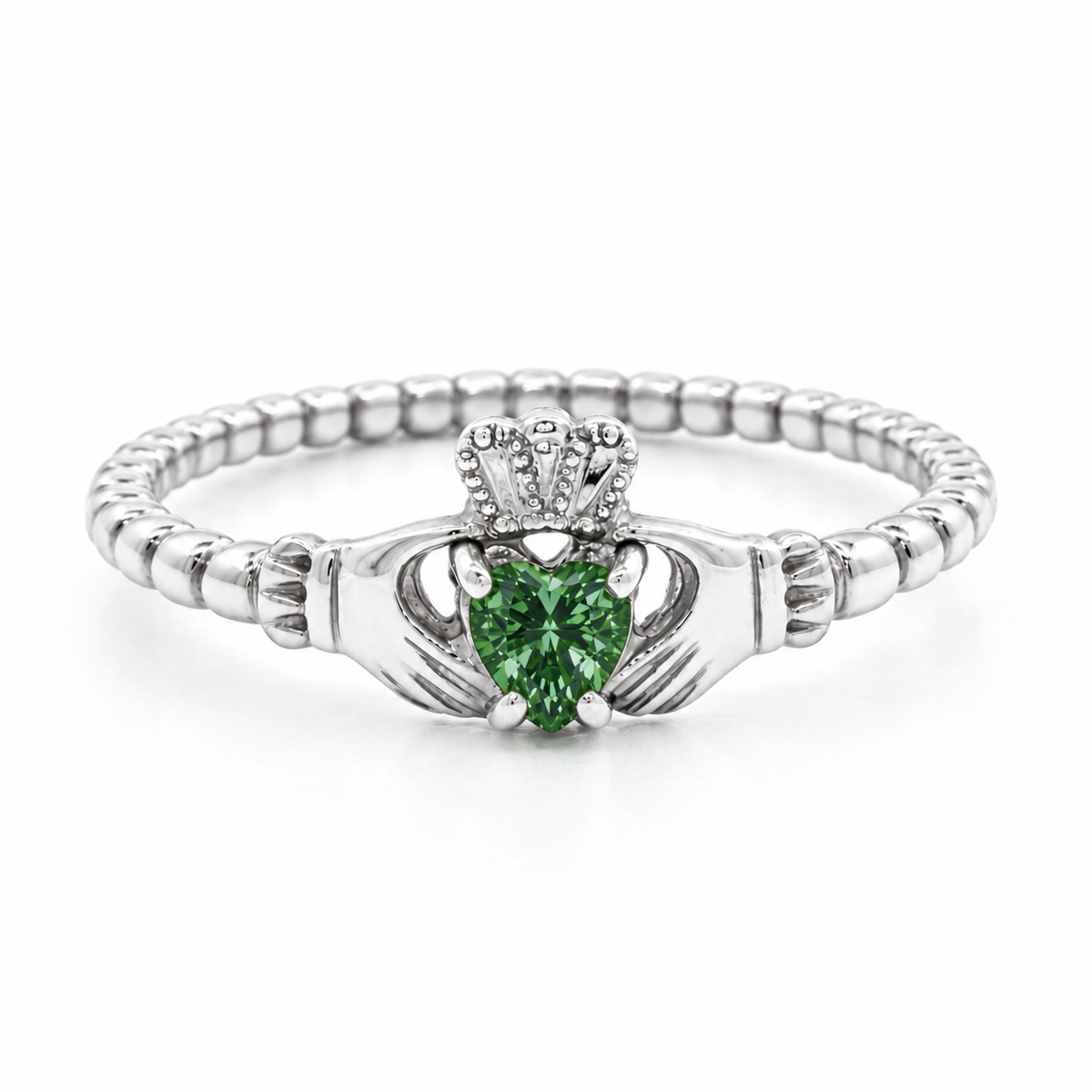 Green Diamond Beaded Band Claddagh Ring