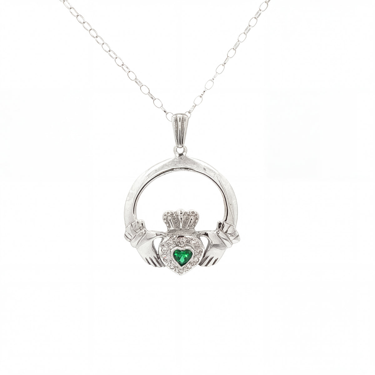 Claddagh Pendant with Emerald Shaped Heart & Natural Diamond Halo