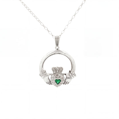 Claddagh Pendant with Emerald Shaped Heart & Natural Diamond Halo