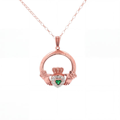 Claddagh Pendant with Emerald Shaped Heart & Natural Diamond Halo