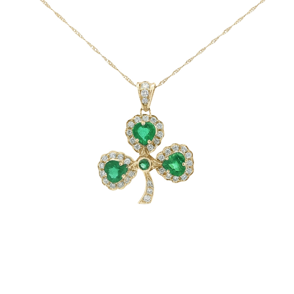 Natural Emerald Heart & Natural Diamond Halo Shamrock Pendant