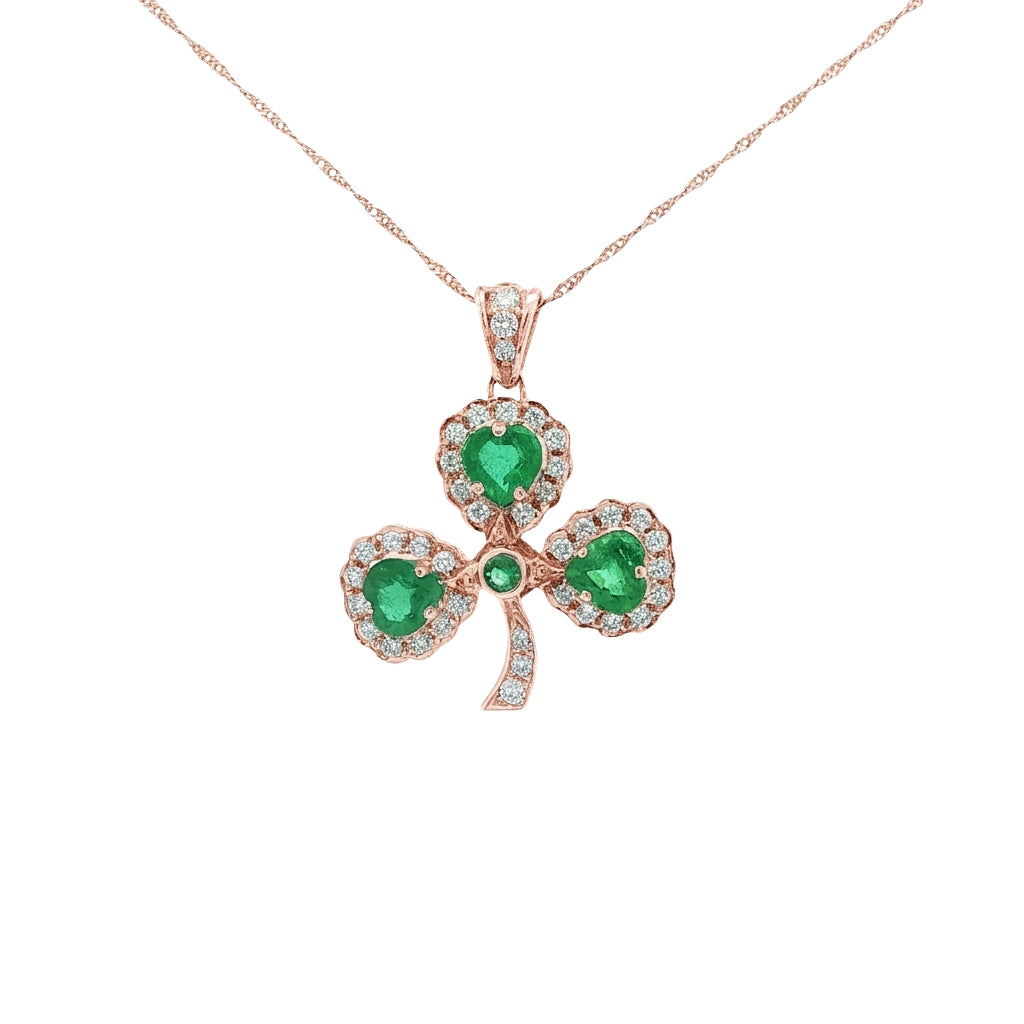 Natural Emerald Heart & Natural Diamond Halo Shamrock Pendant