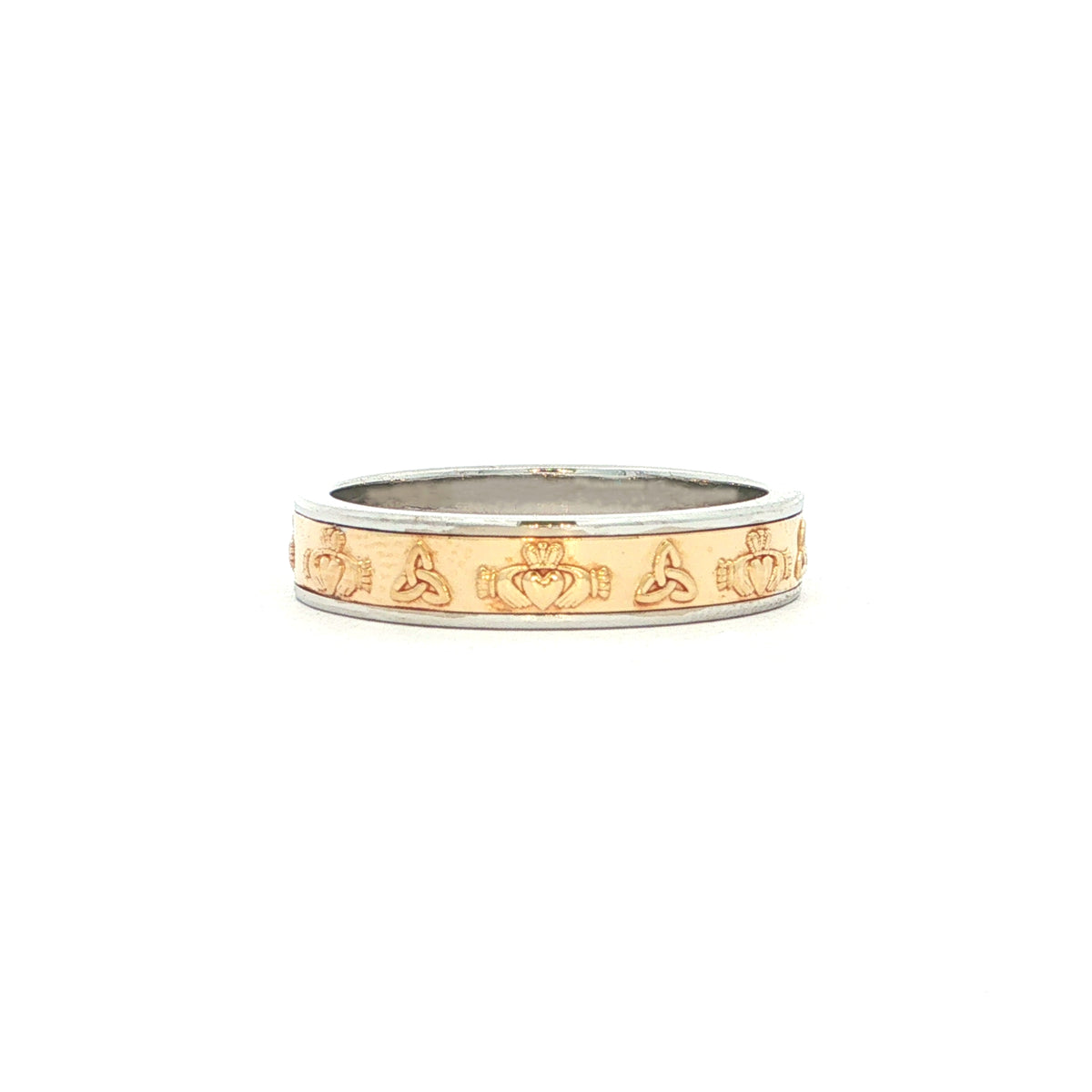 Two Tone Classic Cetic Style Band with Caddagh & Trinity Knot Symbols