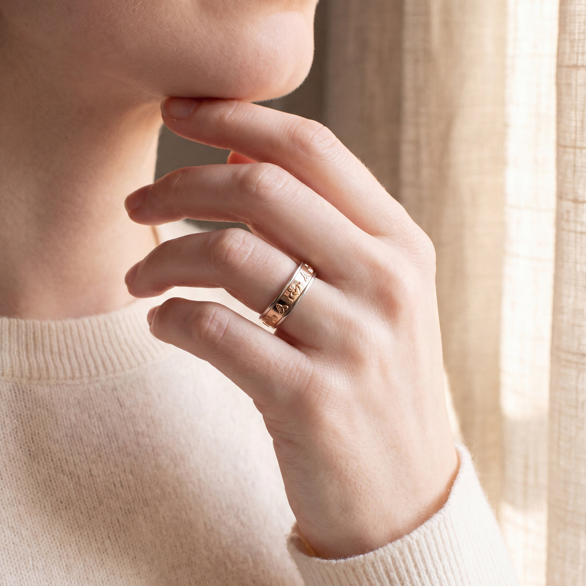 Two Tone Classic Cetic Style Band with Caddagh & Trinity Knot Symbols