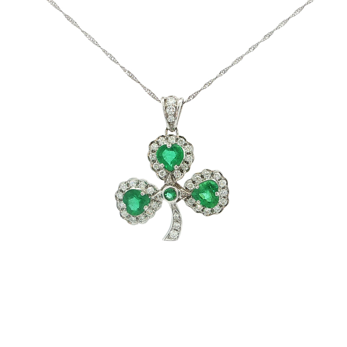 Natural Emerald Heart & Natural Diamond Halo Shamrock Pendant