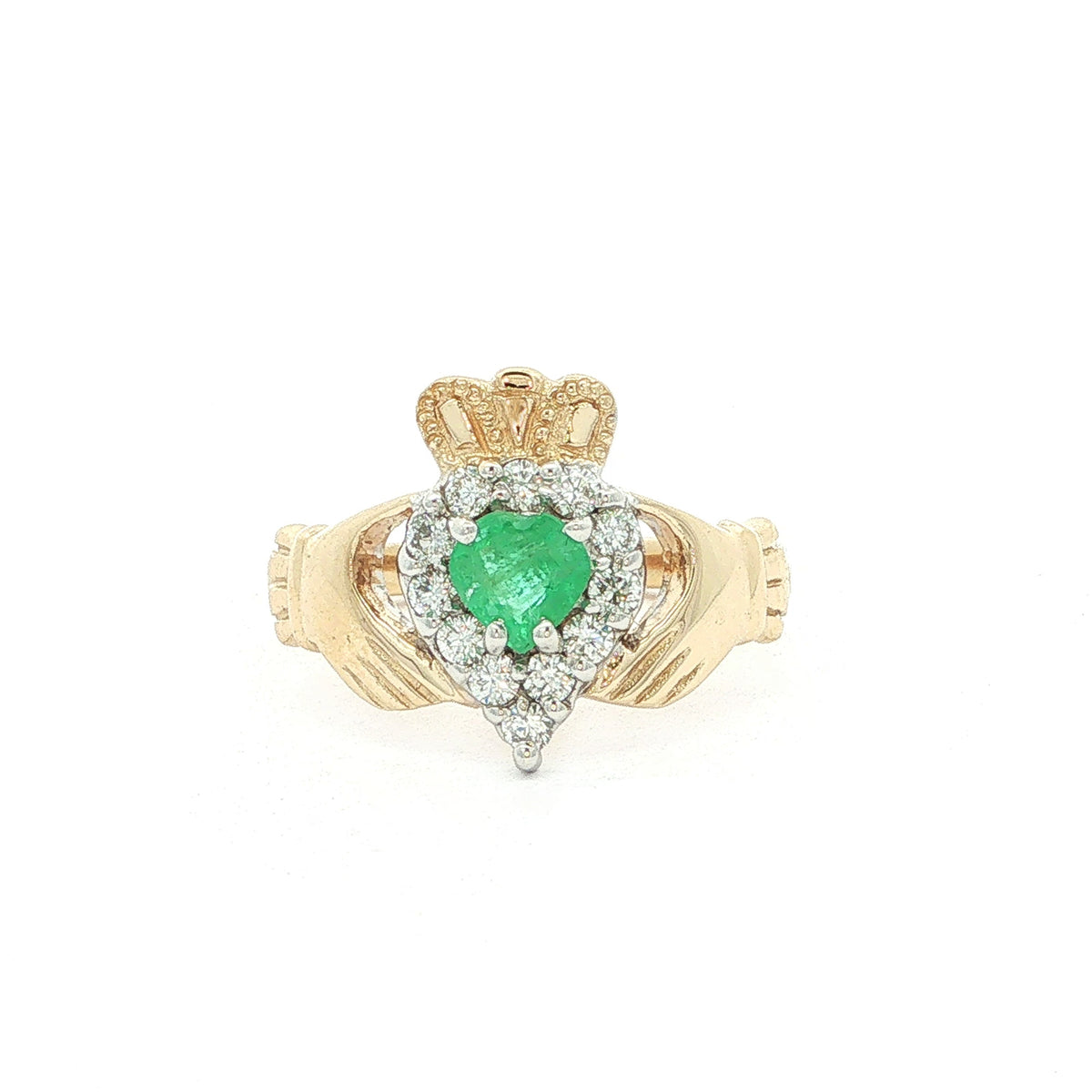 Stunning Natural Diamond and Emerald Heart Claddagh Ring