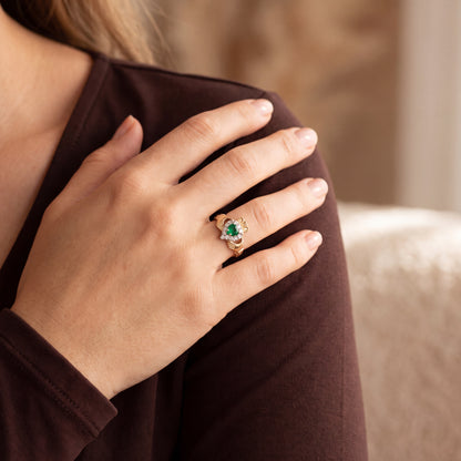 Stunning Natural Diamond and Emerald Heart Claddagh Ring