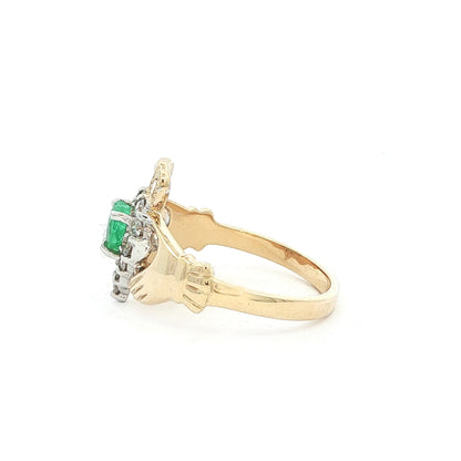 Stunning Natural Diamond and Emerald Heart Claddagh Ring