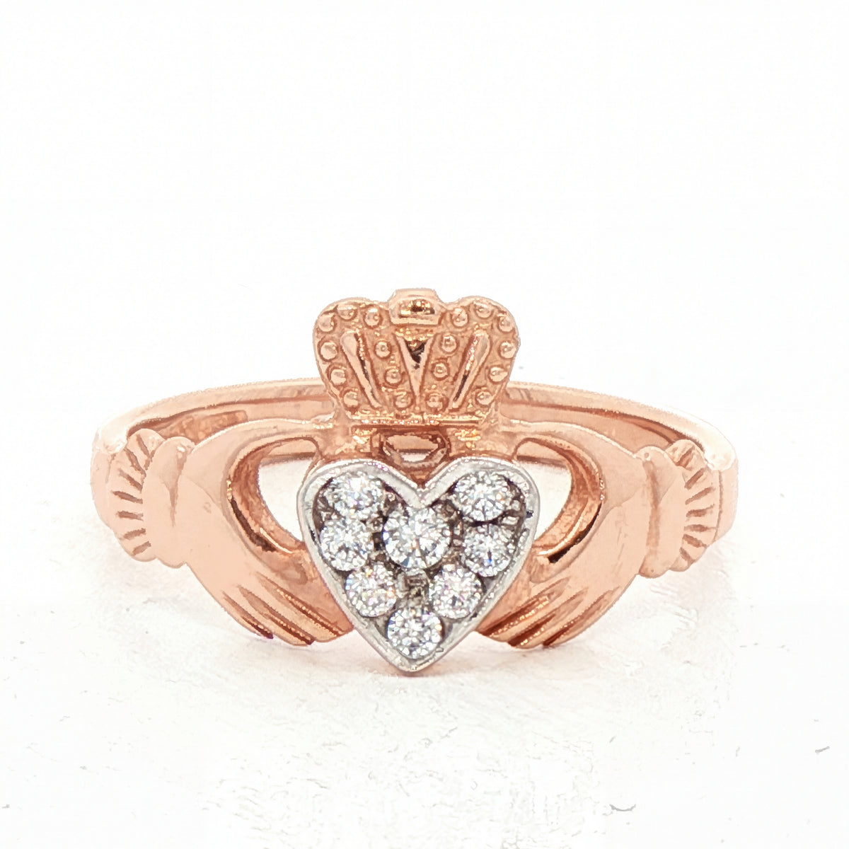 Claddagh Ring with Round Cut Natural Diamond Cluster Heart