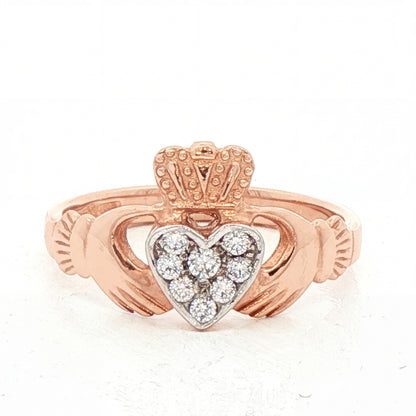 Claddagh Ring with Round Cut Natural Diamond Cluster Heart