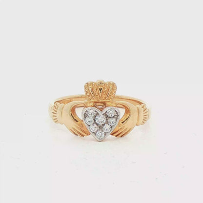 Claddagh Ring with Round Cut Natural Diamond Cluster Heart