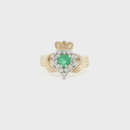 Stunning Natural Diamond and Emerald Heart Claddagh Ring